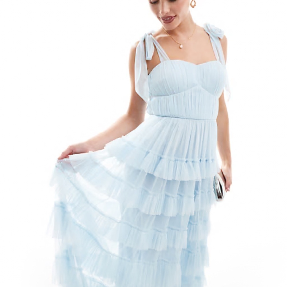 LIKE NEW - WORN ONCE - Lace & Beads Petite Tiered Ruffle Maxi Dress Light Blue